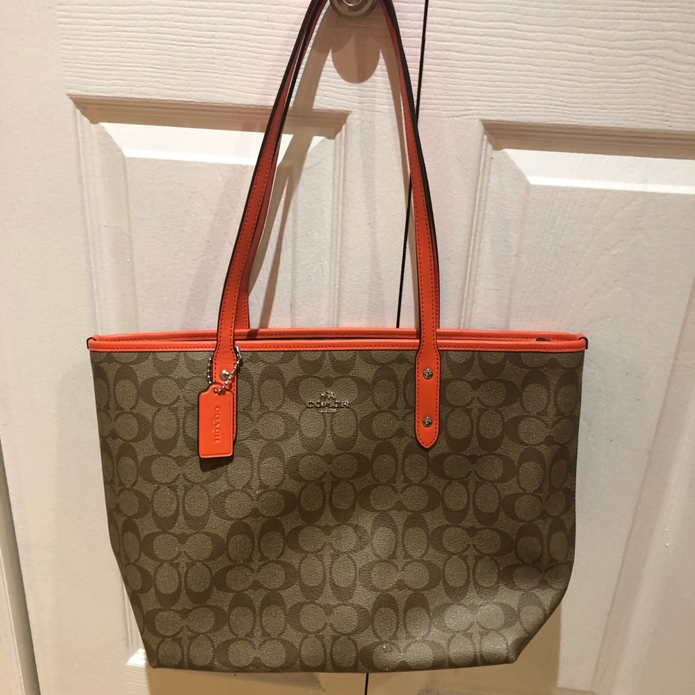 Coach Signature City Zip Tote orange brown bag